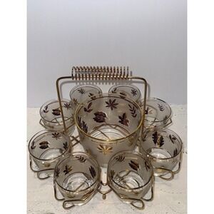 Libbey Golden Foliage 8 Rocks Glasses Ice Bucket Brass Caddy Set Vintage MCM